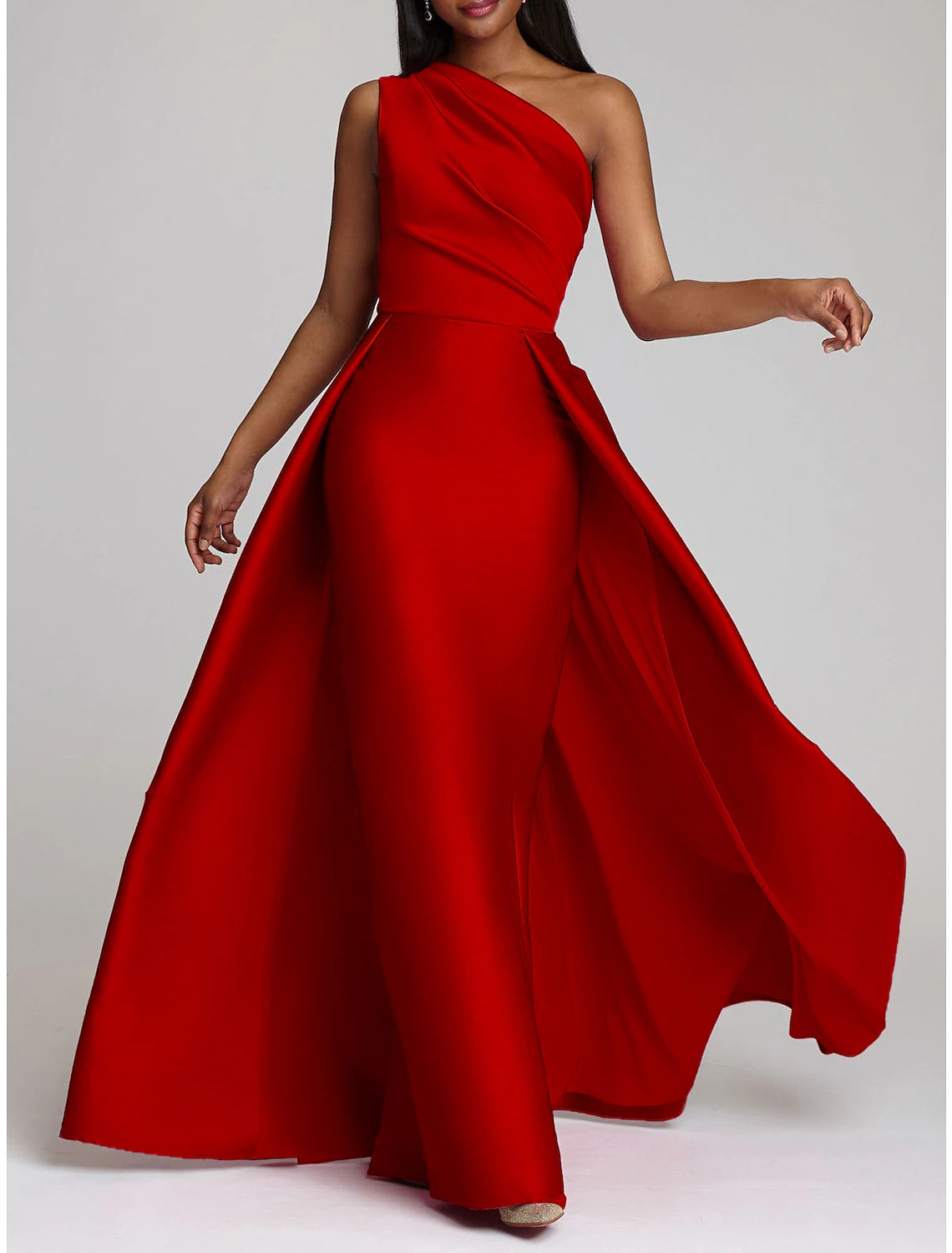 Luolandi Sheath Red Green Dress Evening Gown Hot Pink Dress Wedding Guest Floor Length Sleeveless One Shoulder Satin with Overskirt