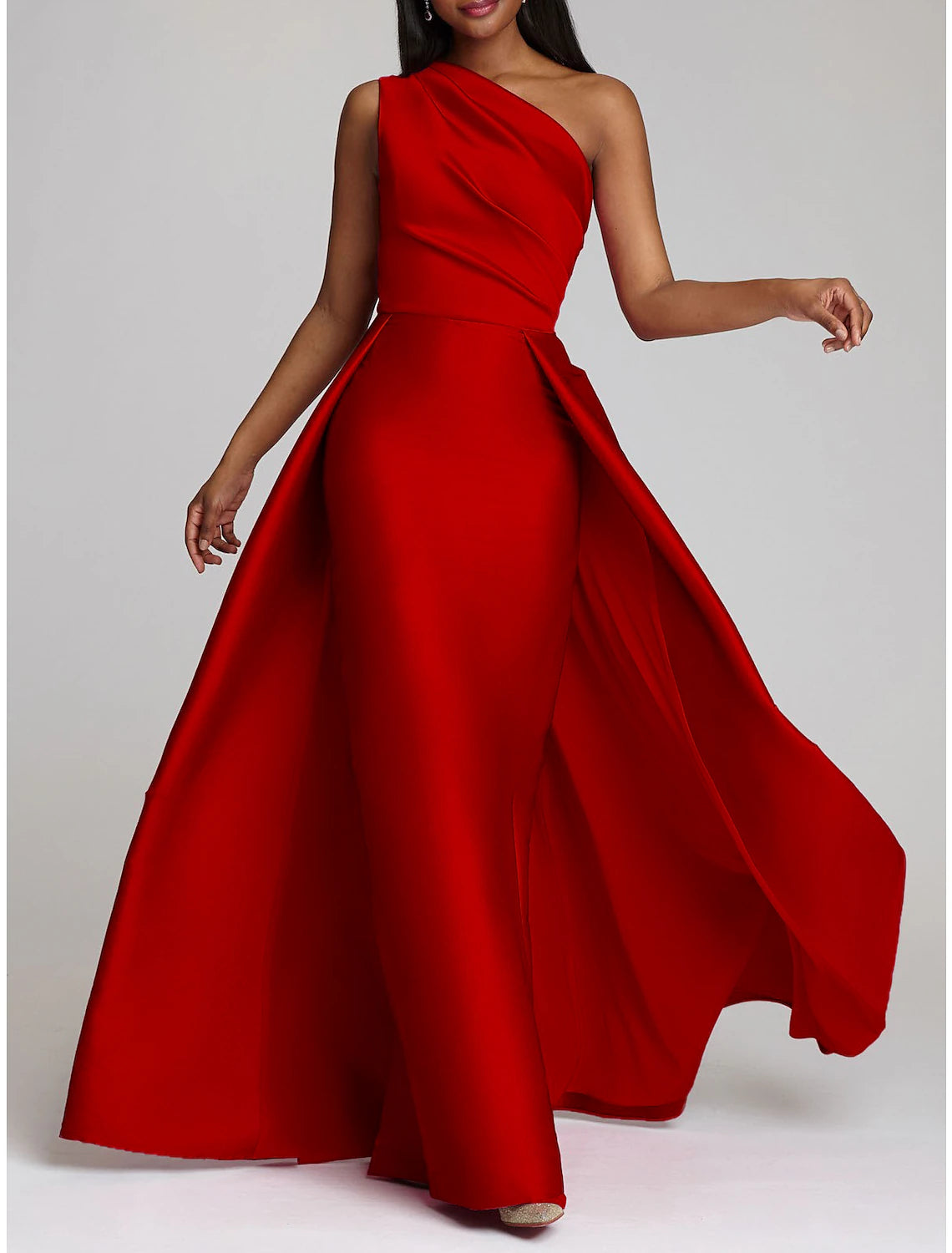 Sheath Red Green Dress Evening Gown Hot Pink Dress Wedding Guest Floor Length Sleeveless One Shoulder Satin with Overskirt