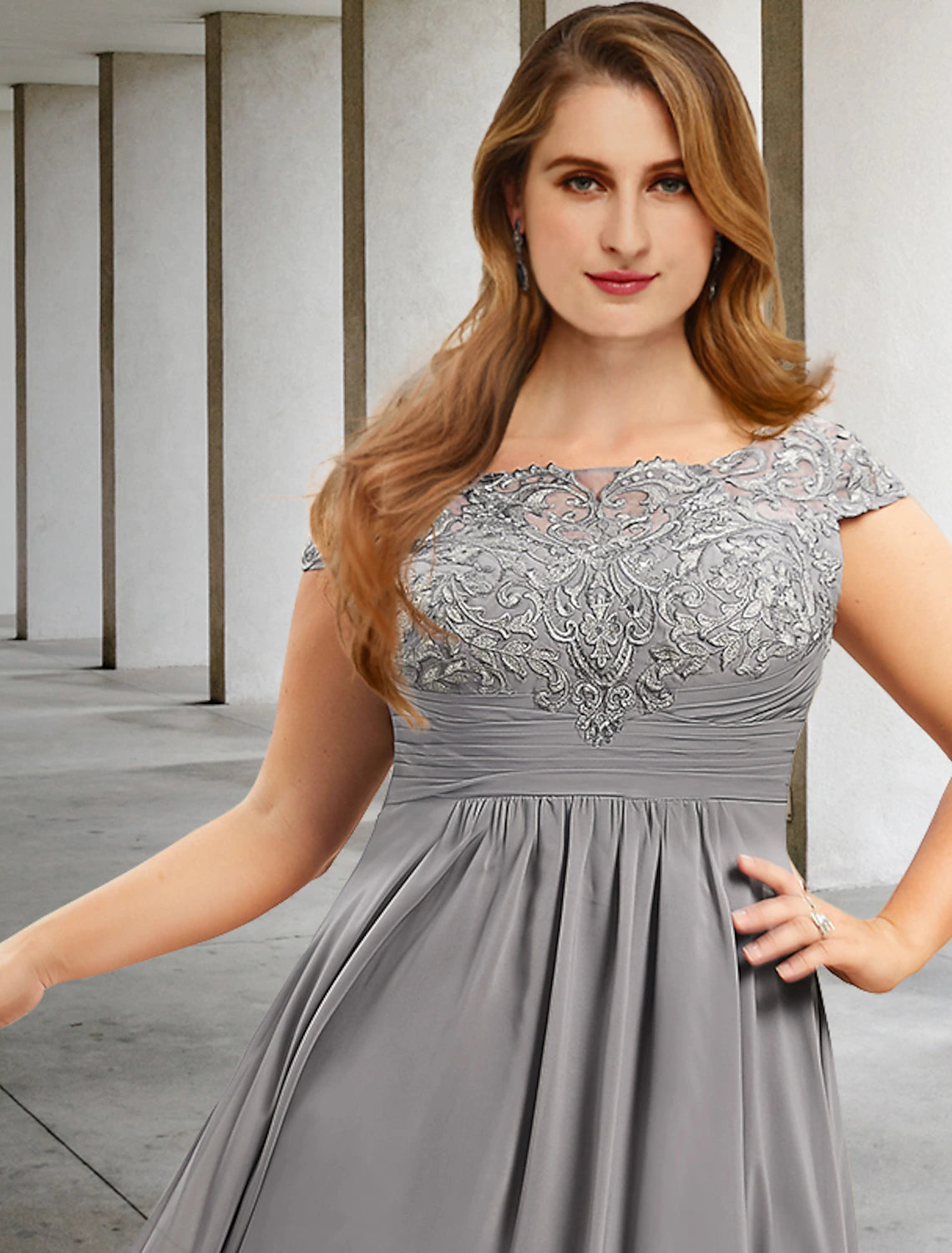 Luolandi A-Line Plus Size Curve Mother of the Bride Dresses Elegant Dress Formal Wedding Guest Tea Length Short Sleeve Jewel Neck Chiffon with Pleats Ruched