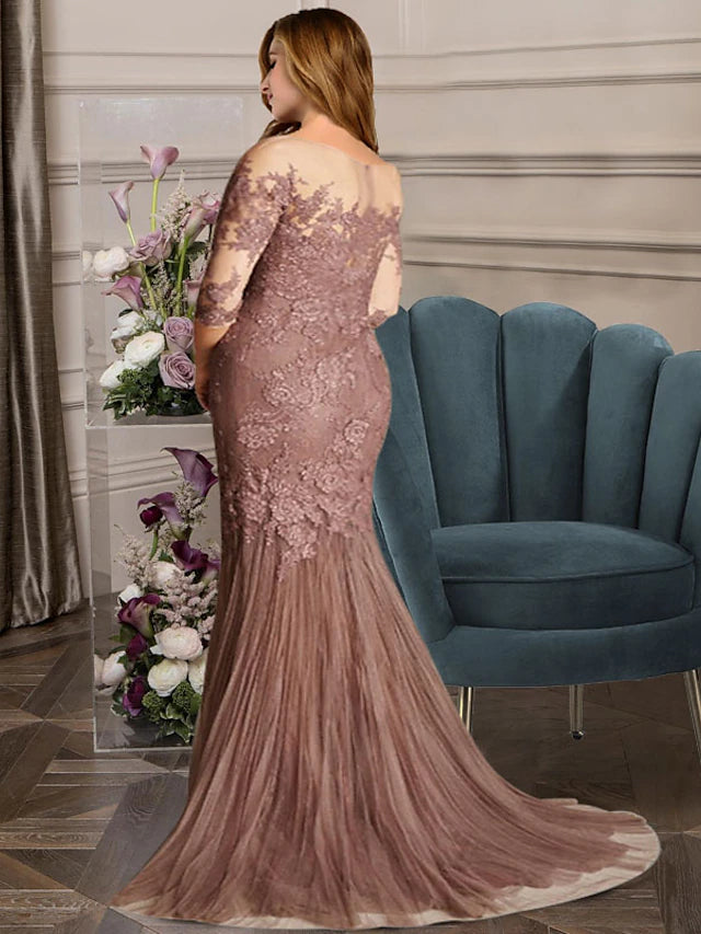 Luolandi Mermaid / Trumpet Plus Size Curve Mother of the Bride Dresses Elegant Dress Formal Sweep / Brush Train Sleeveless Jewel Neck Lace with Pleats