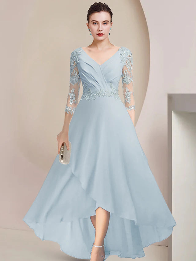Luolandi A-Line Mother of the Bride Dress Party Elegant V Neck Asymmetrical Lace Chiffon 3/4 Length Sleeve with Pleats