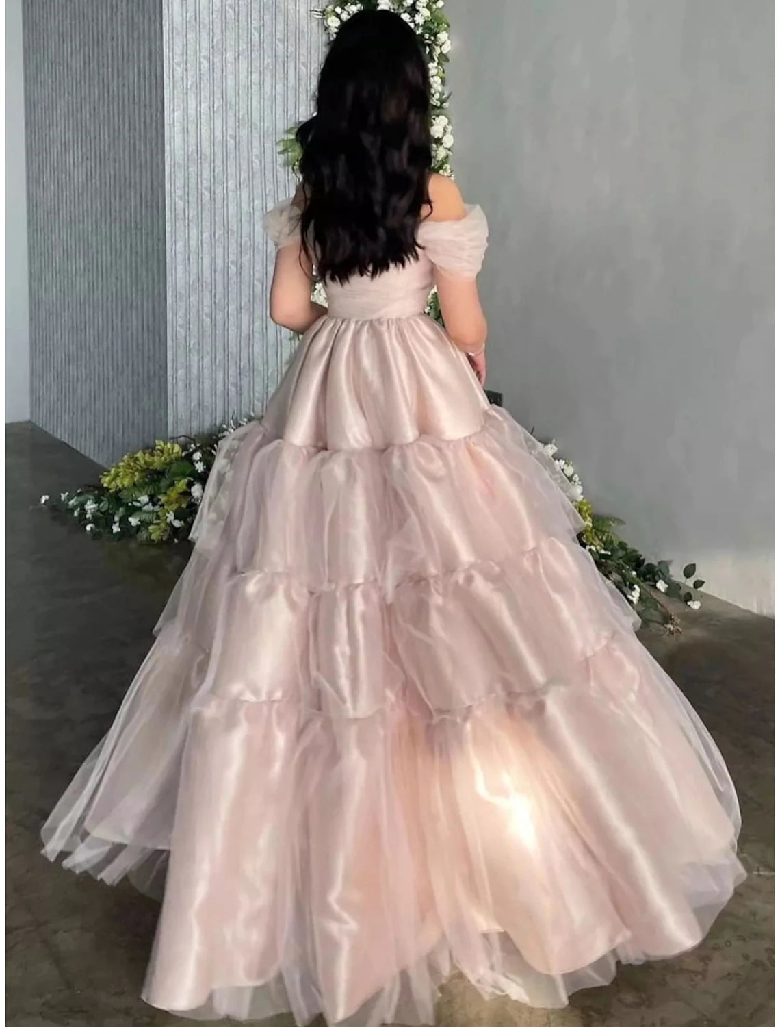 Luolandi A-Line Evening Gown Princess Dress Formal Floor Length Short Sleeve Off Shoulder Satin