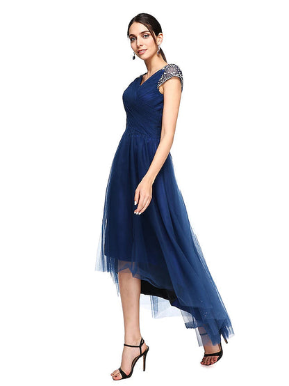 A-Line Special Occasion Dresses Open Back Dress Wedding Guest Asymmetrical Short Sleeve V Neck Tulle with Criss Cross