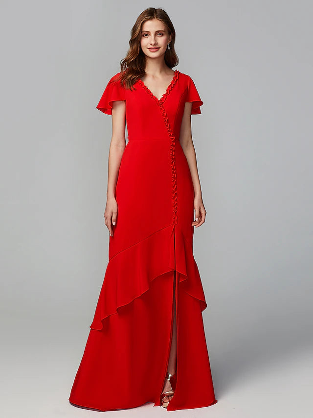 Luolandi Sheath / Column Bridesmaid Dress V Neck Short Sleeve Open Back Floor Length Chiffon with Split