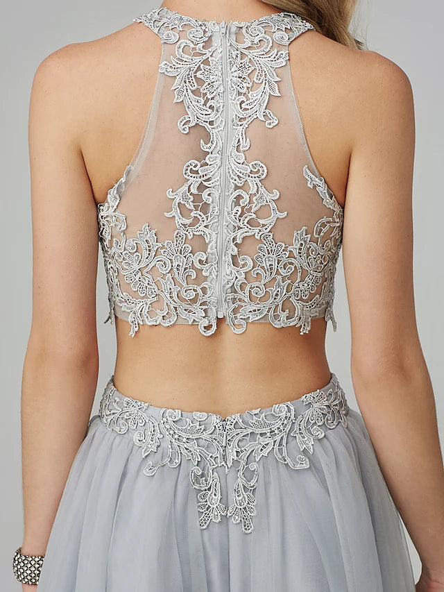 Luolandi Two Piece Empire Prom Formal Evening Dress Halter Neck Sleeveless Floor Length Lace