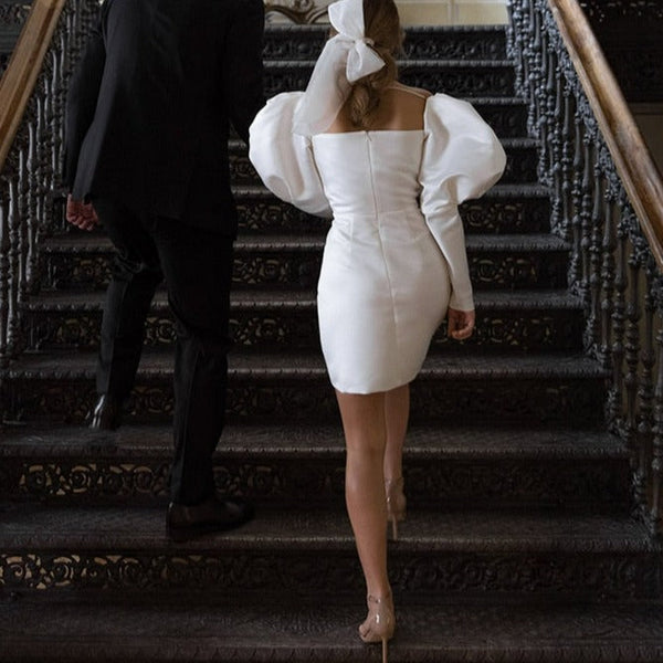 Luolandi Satin Short Wedding Dress with Puff Sleeves Beautiful