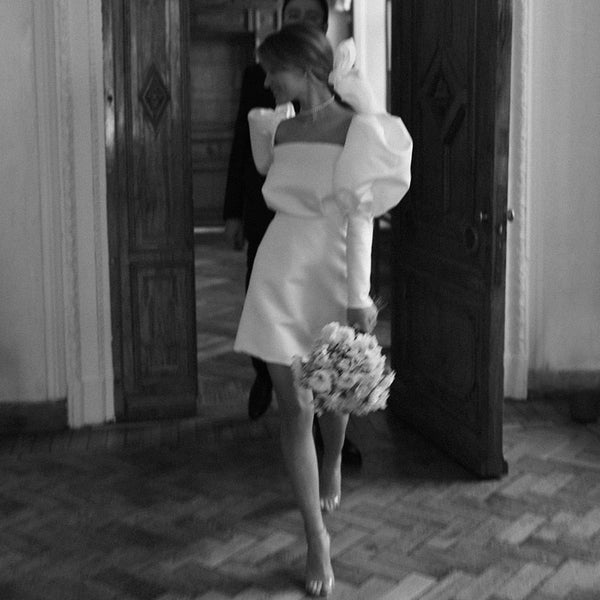 Luolandi Satin Short Wedding Dress with Puff Sleeves Beautiful