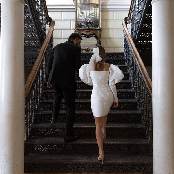 Luolandi Satin Short Wedding Dress with Puff Sleeves Beautiful