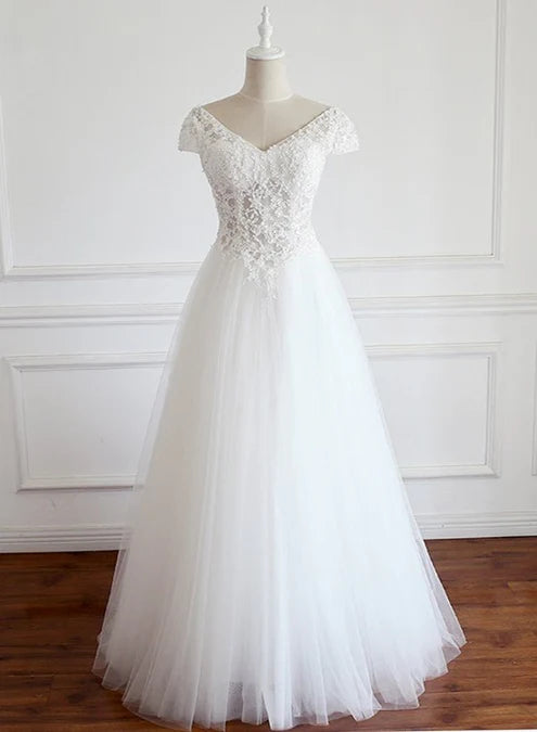 Luolandi Lace Cap Sleeves Tulle Floor Length Party Dress A-line Wedding Dresses V-neck Elegant