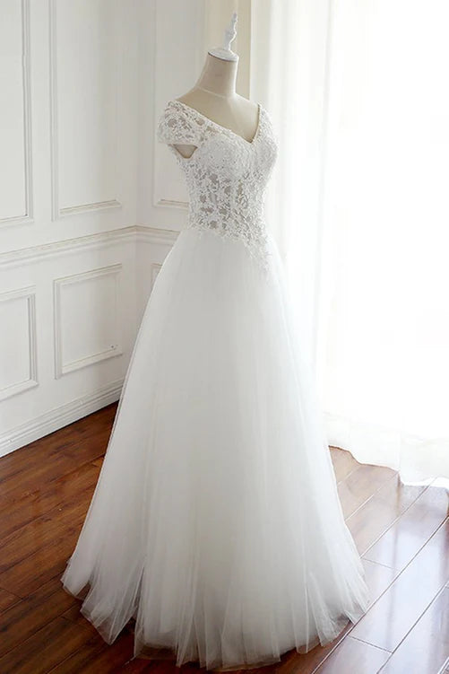 Luolandi Lace Cap Sleeves Tulle Floor Length Party Dress A-line Wedding Dresses V-neck Elegant