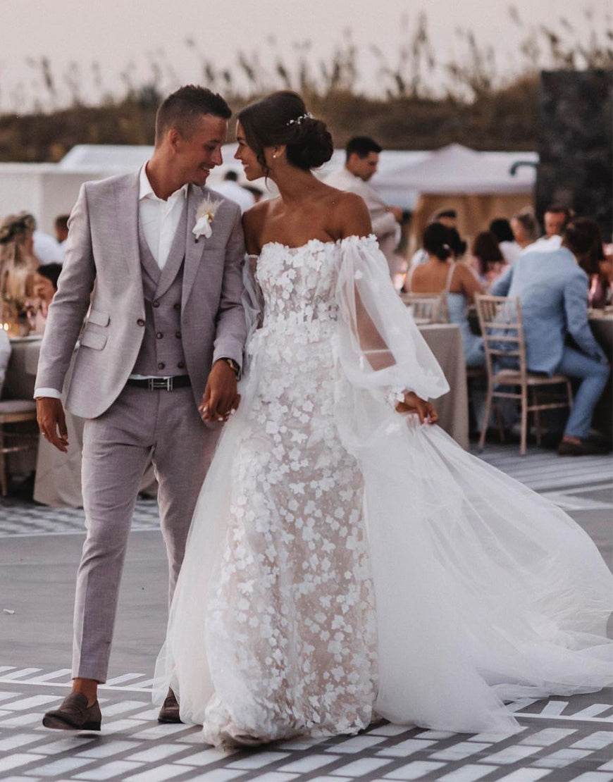 Luolandi Strapless Lace Mermaid Wedding Dress with Detachable Skirt Off Shoulder Beautiful