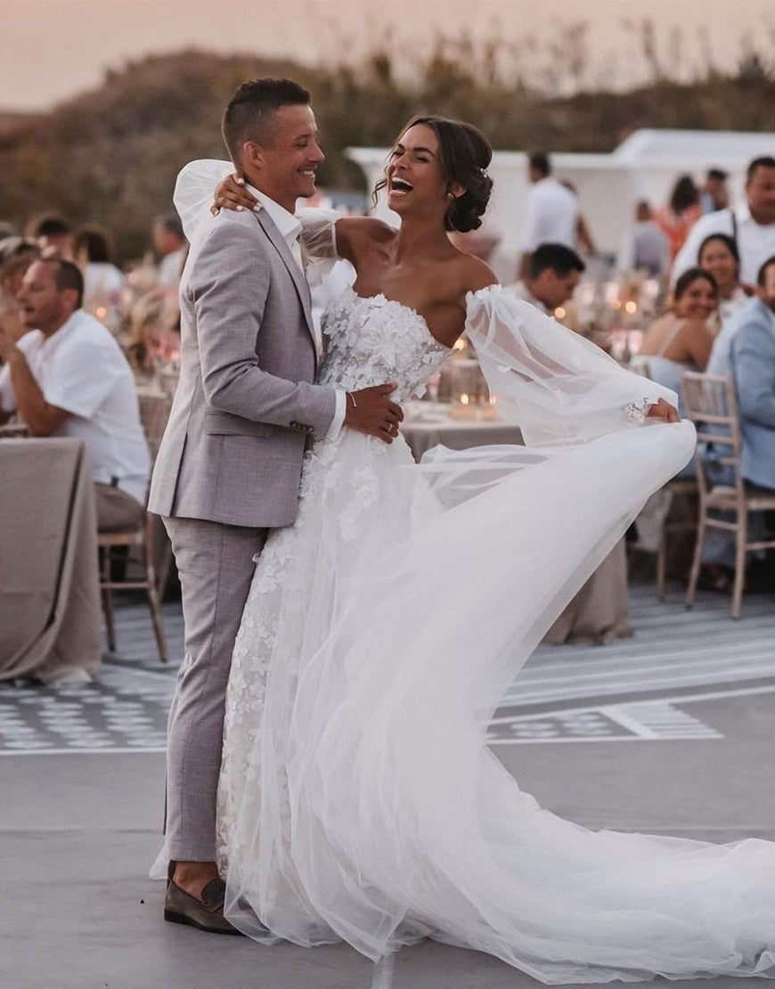 Luolandi Strapless Lace Mermaid Wedding Dress with Detachable Skirt Off Shoulder Beautiful