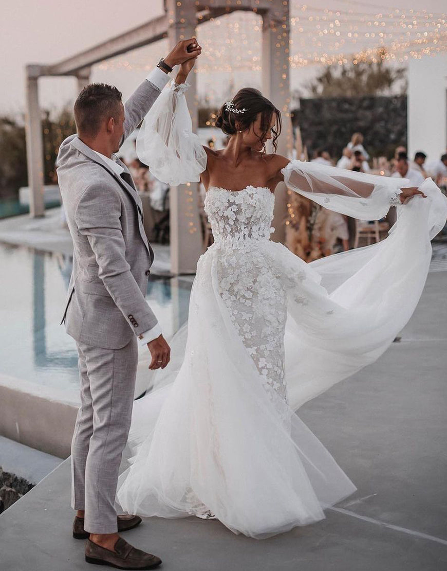 Luolandi Strapless Lace Mermaid Wedding Dress with Detachable Skirt Off Shoulder Beautiful