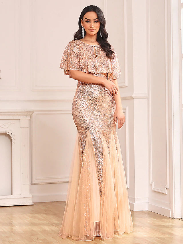 Luolandi Two Piece Mermaid / Trumpet Party Dresses Sparkle & Shine Dress Prom Floor Length Sleeveless V Neck Capes Tulle V Back with Sequin