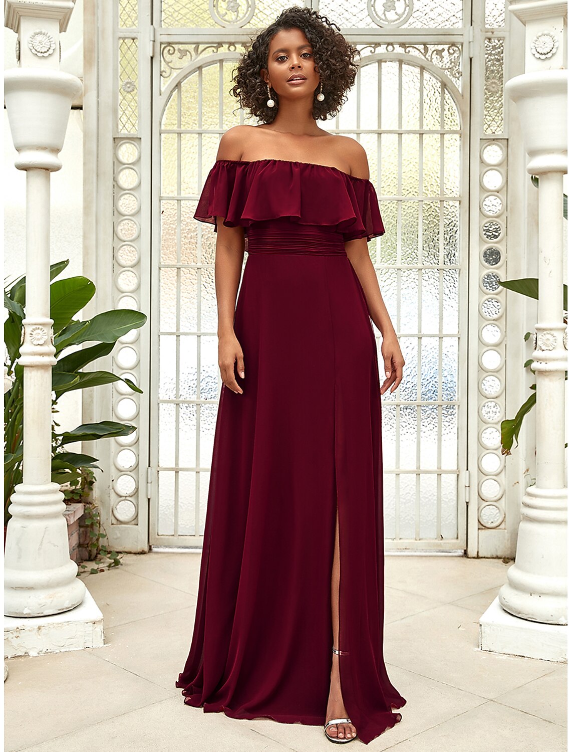 Luolandi A-Line Bridesmaid Dress Off Shoulder Sleeveless Elegant Floor Length Chiffon with Ruffles / Draping