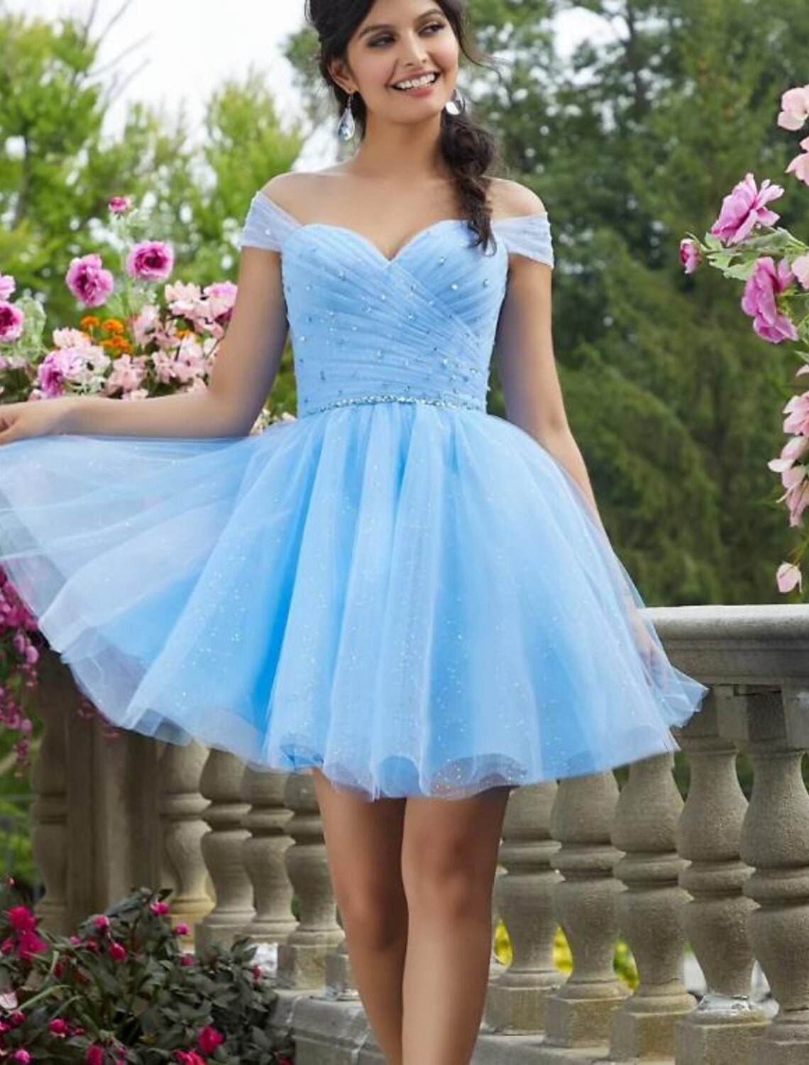 Luolandi A-Line Cocktail Dresses Sparkle & Shine Dress Cocktail Party Short / Mini Short Sleeve Sweetheart Tulle Backless with Rhinestone Glitter