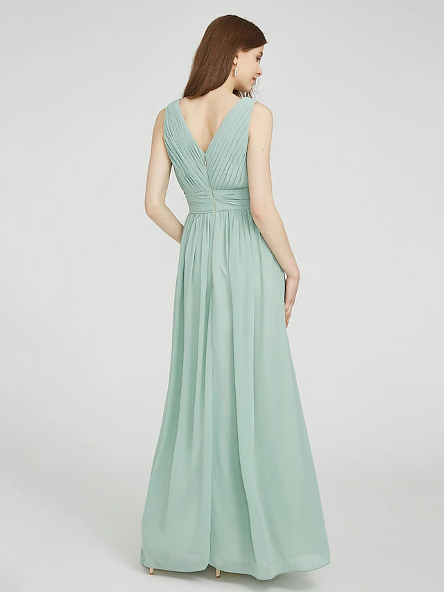 Luolandi Sheath / Column Bridesmaid Dress V Neck Sleeveless Elegant Floor Length Chiffon with Ruched / Side