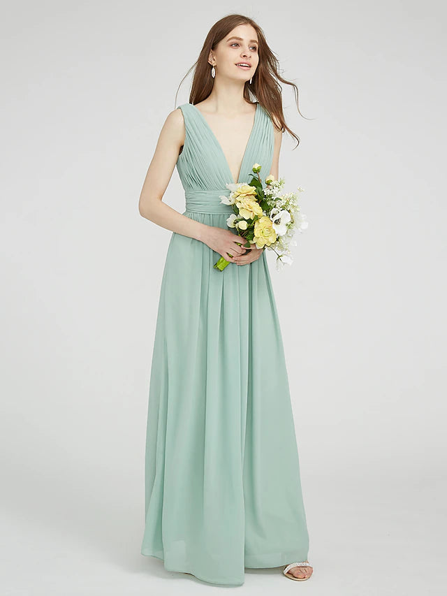 Luolandi Sheath / Column Bridesmaid Dress V Neck Sleeveless Elegant Floor Length Chiffon with Ruched / Side