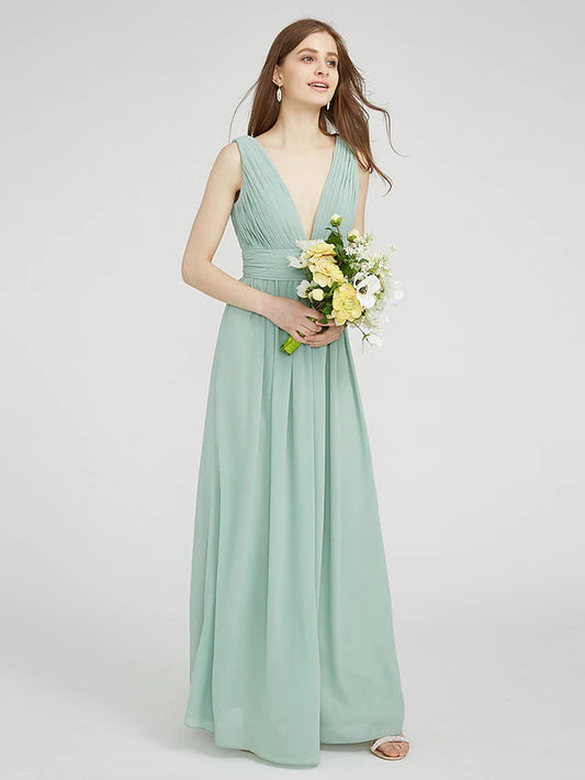 Sheath / Column Bridesmaid Dress V Neck Sleeveless Elegant Floor Length Chiffon with Ruched / Side