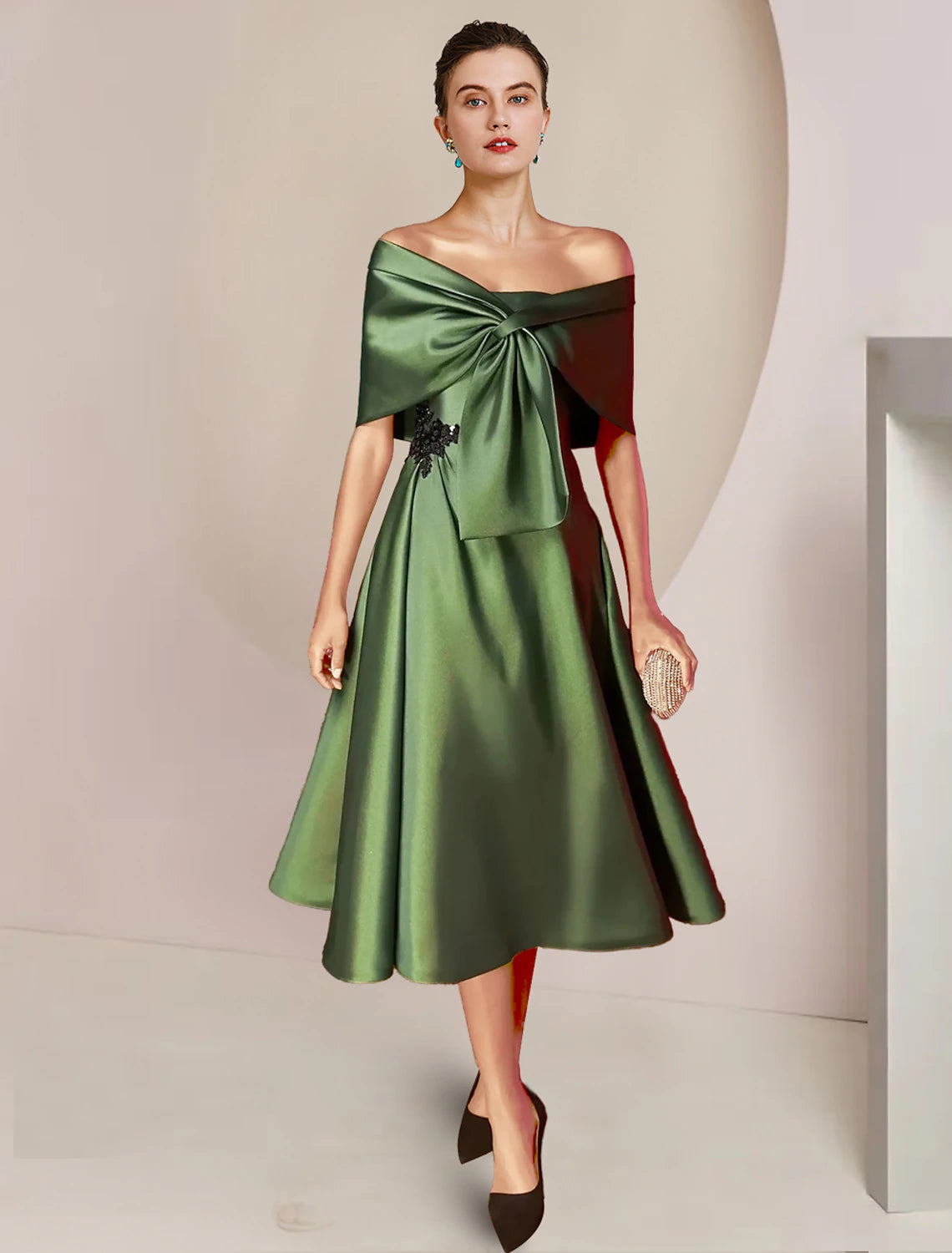 Luolandi Two Piece A-Line Mother of the Bride Dress Formal Wedding Guest Party Elegant Strapless Tea Length Charmeuse Sequined Sleeveless Shawls with Beading