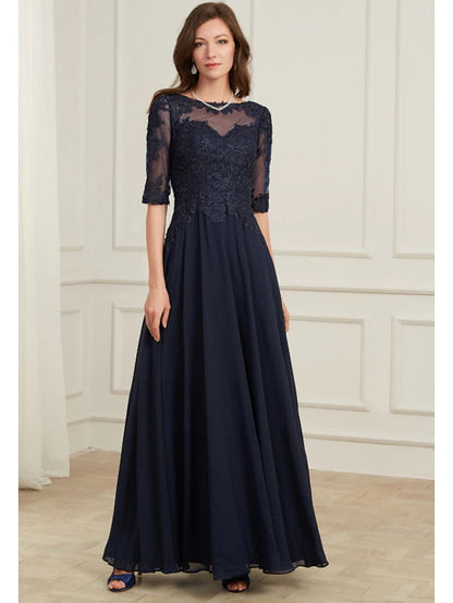 A-Line Elegant Wedding Guest Formal Evening Dress Jewel Neck Half Sleeve Floor Length Tulle