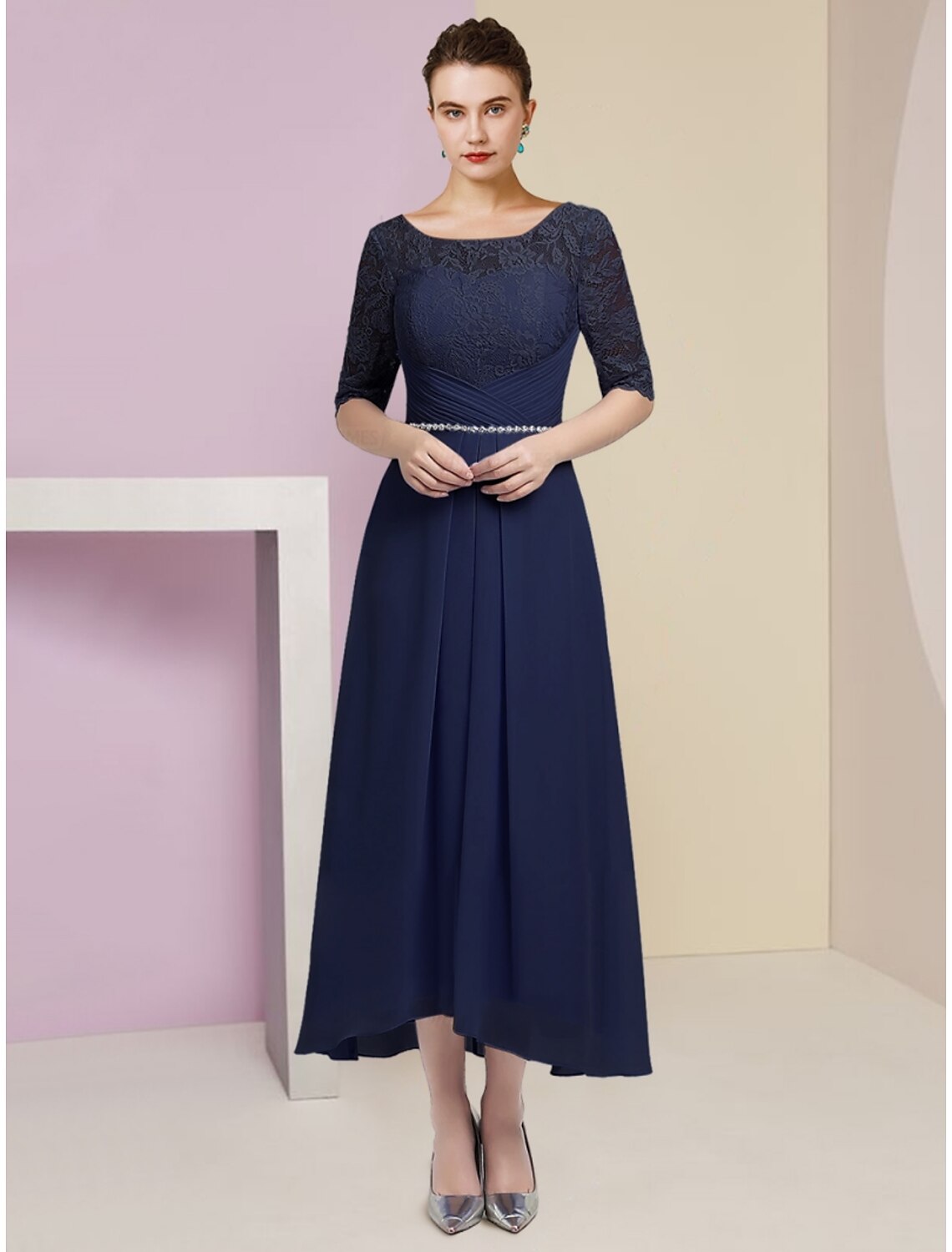Luolandi A-Line Mother of the Bride Dress Wedding Guest Elegant Scoop Neck Ankle Length Chiffon Half Sleeve with Crystals