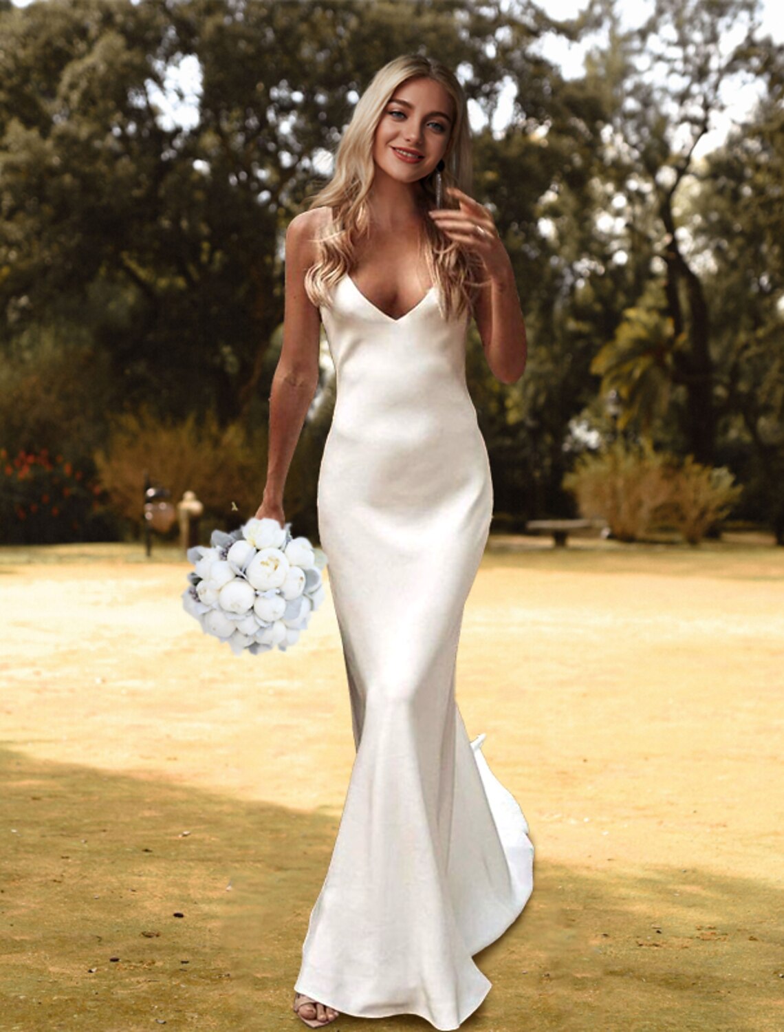 Luolandi Hall Casual Wedding Dresses Sheath / Column Camisole V Neck Spaghetti Strap Court Train Charmeuse Bridal Gowns
