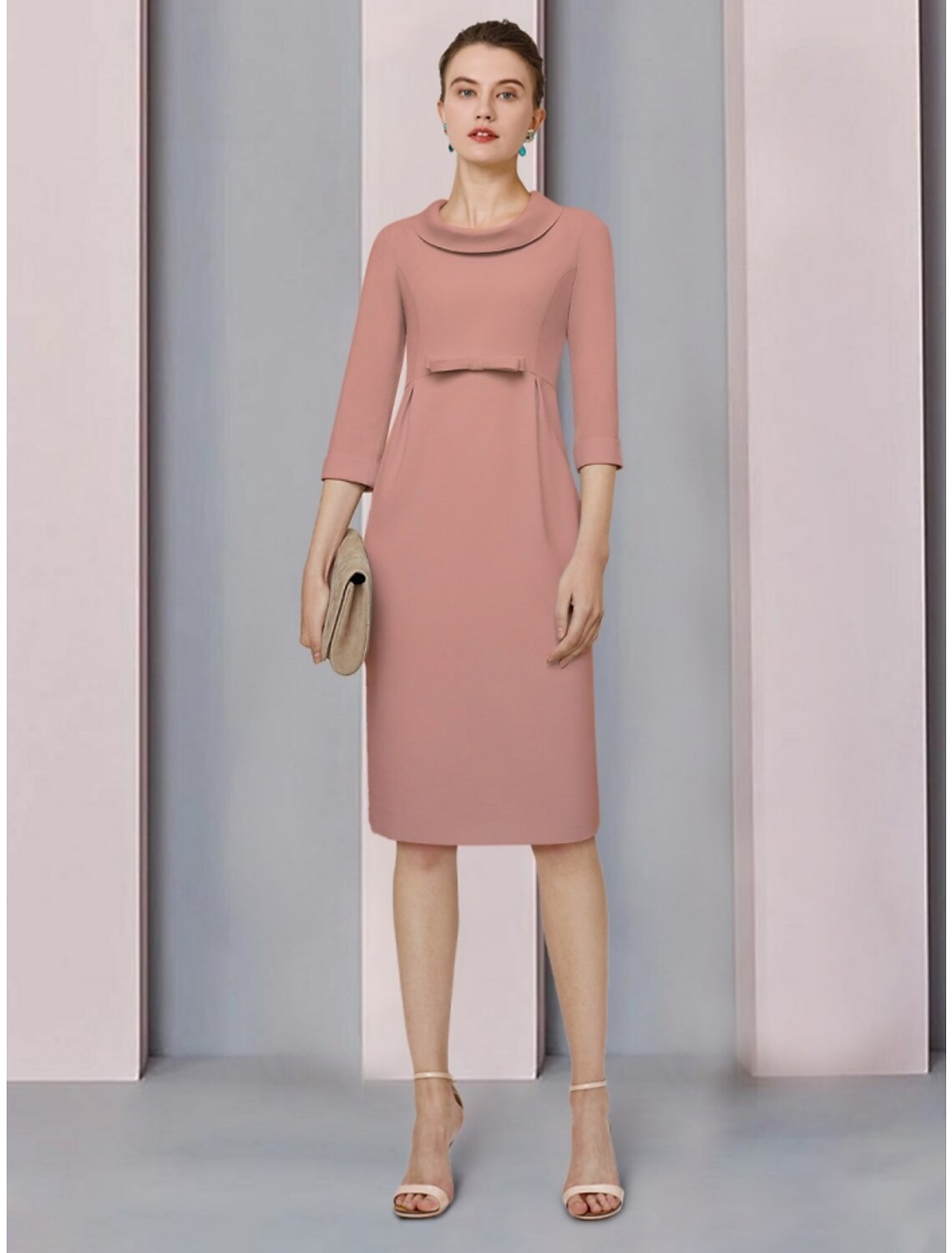 Luolandi A-Line Mother of the Bride Dress Wedding Guest Elegant Petite Jewel Neck Knee Length Satin 3/4 Length Sleeve with Bow(s)