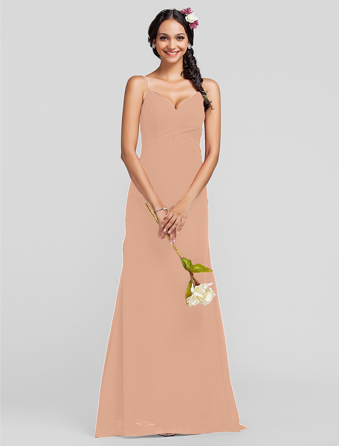 Luolandi Sheath Spaghetti Strap Floor Length Chiffon Bridesmaid Dress with Criss Cross