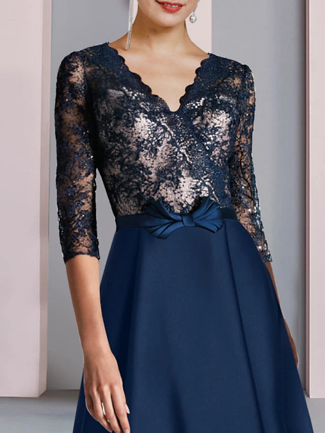 Luolandi A-Line Mother of the Bride Dress Wedding Guest Elegant High Low V Neck Asymmetrical Tea Length Satin Lace Half Sleeve with Bow(s) Color