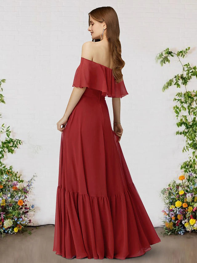 Luolandi A-Line Bridesmaid Dress Off Shoulder Sleeveless Elegant Floor Length Chiffon