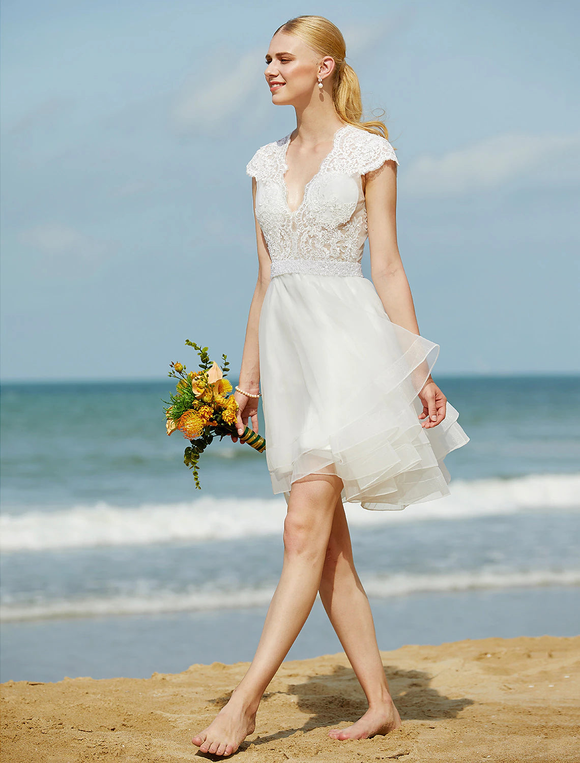 Luolandi Wedding Dresses A-Line V Neck Sleeveless Knee Length Tulle Bridal Gowns With Ribbon Beading