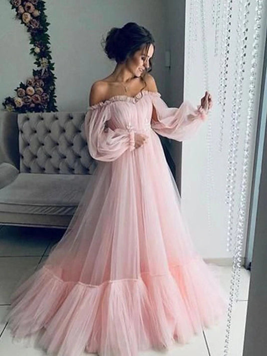 A-Line Minimalist Elegant Engagement Prom Dress Off Shoulder Long Sleeve Floor Length Tulle