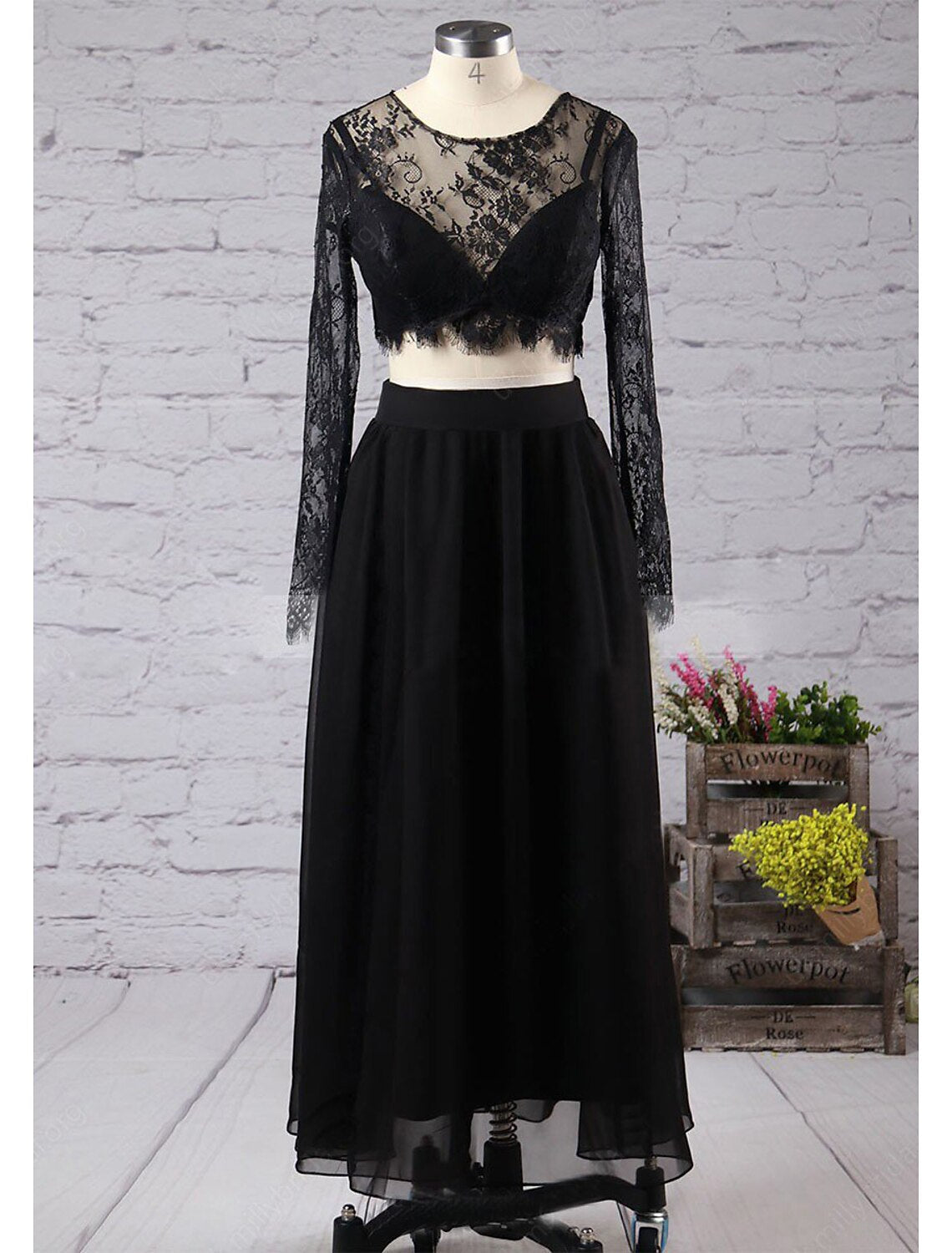 Luolandi Two Piece A-Line Prom Dresses High Split Dress Formal Floor Length Long Sleeve Jewel Neck Chiffon