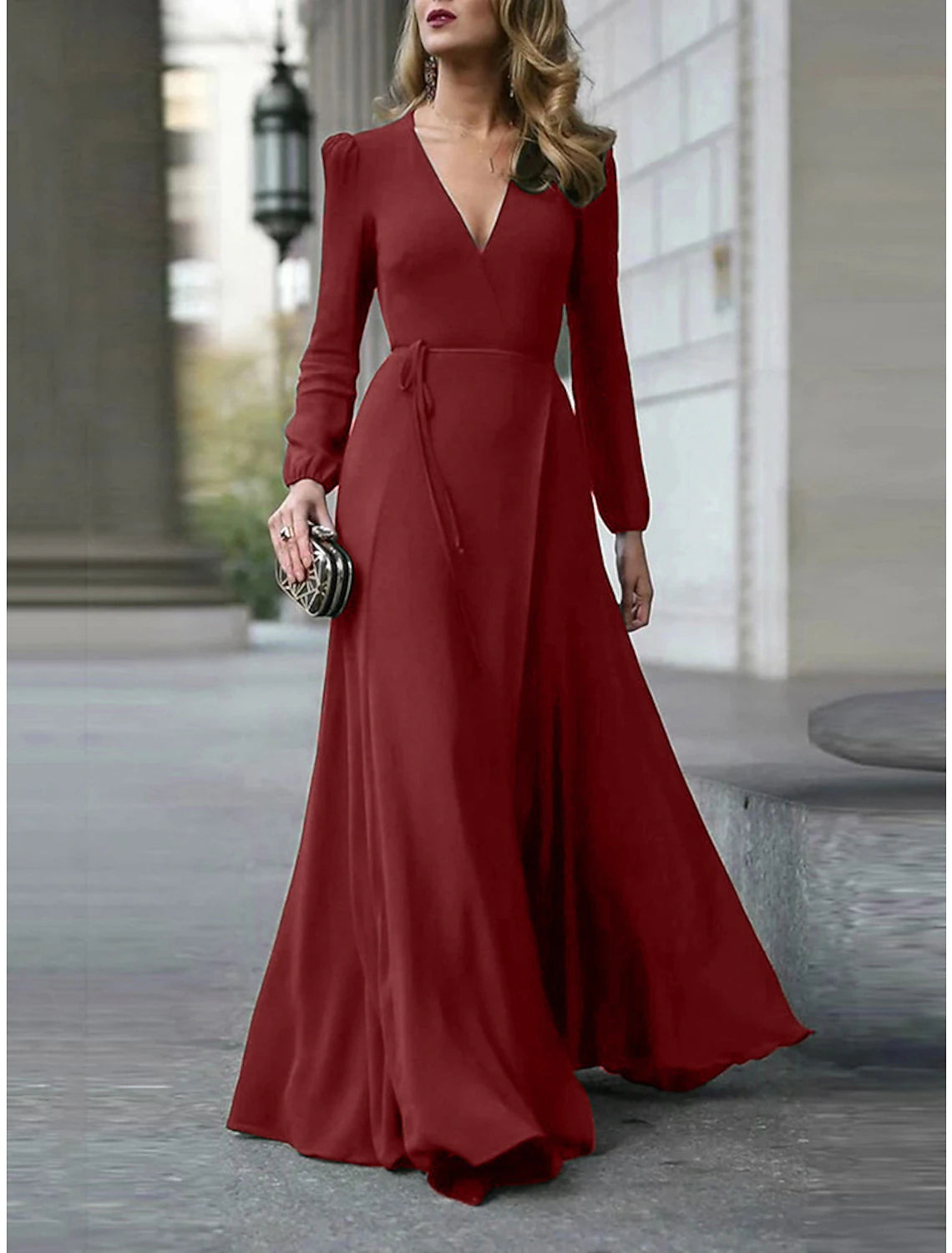 Luolandi A-Line Minimalist Elegant Wedding Guest Formal Evening Dress V Neck Long Sleeve Floor Length Chiffon with Strappy