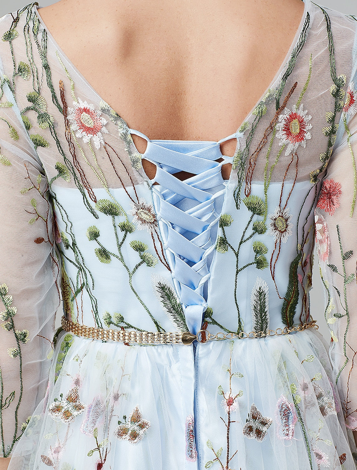 Luolandi A-Line Evening Gown Party Dress Floral Dress Holiday Wedding Guest Floor Length 3/4 Length Sleeve Illusion Neck Lace