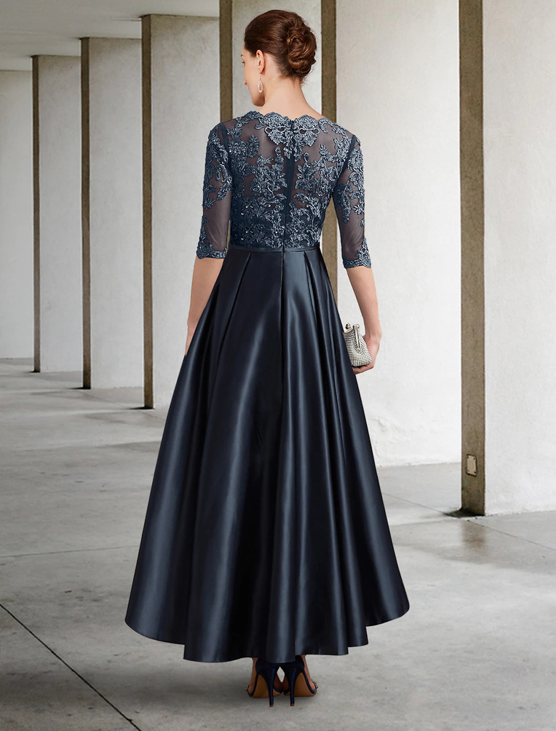 Luolandi A-Line Mother of the Bride Dress Formal Wedding Guest Elegant Jewel Neck Asymmetrical Lace Italy Satin Half Sleeve with Lace