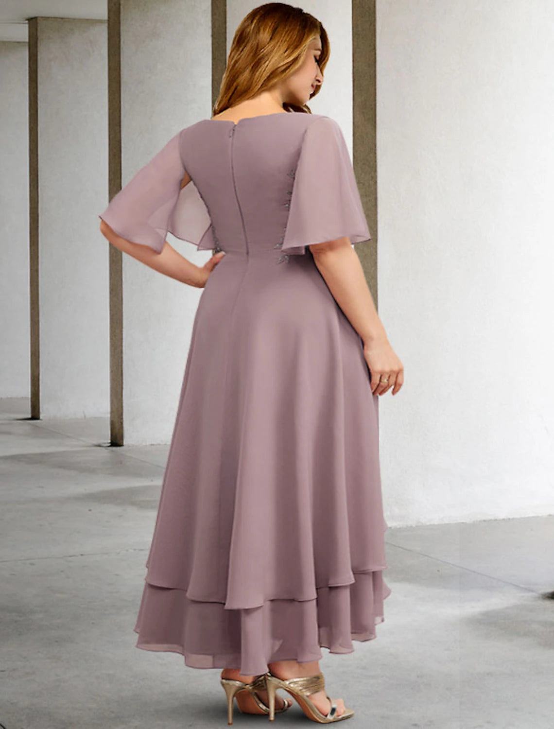 Luolandi A-Line Mother of the Bride Dresses Plus Size Hide Belly Curve Elegant Dress Formal Asymmetrical Short Sleeve V Neck Chiffon with Ruffles