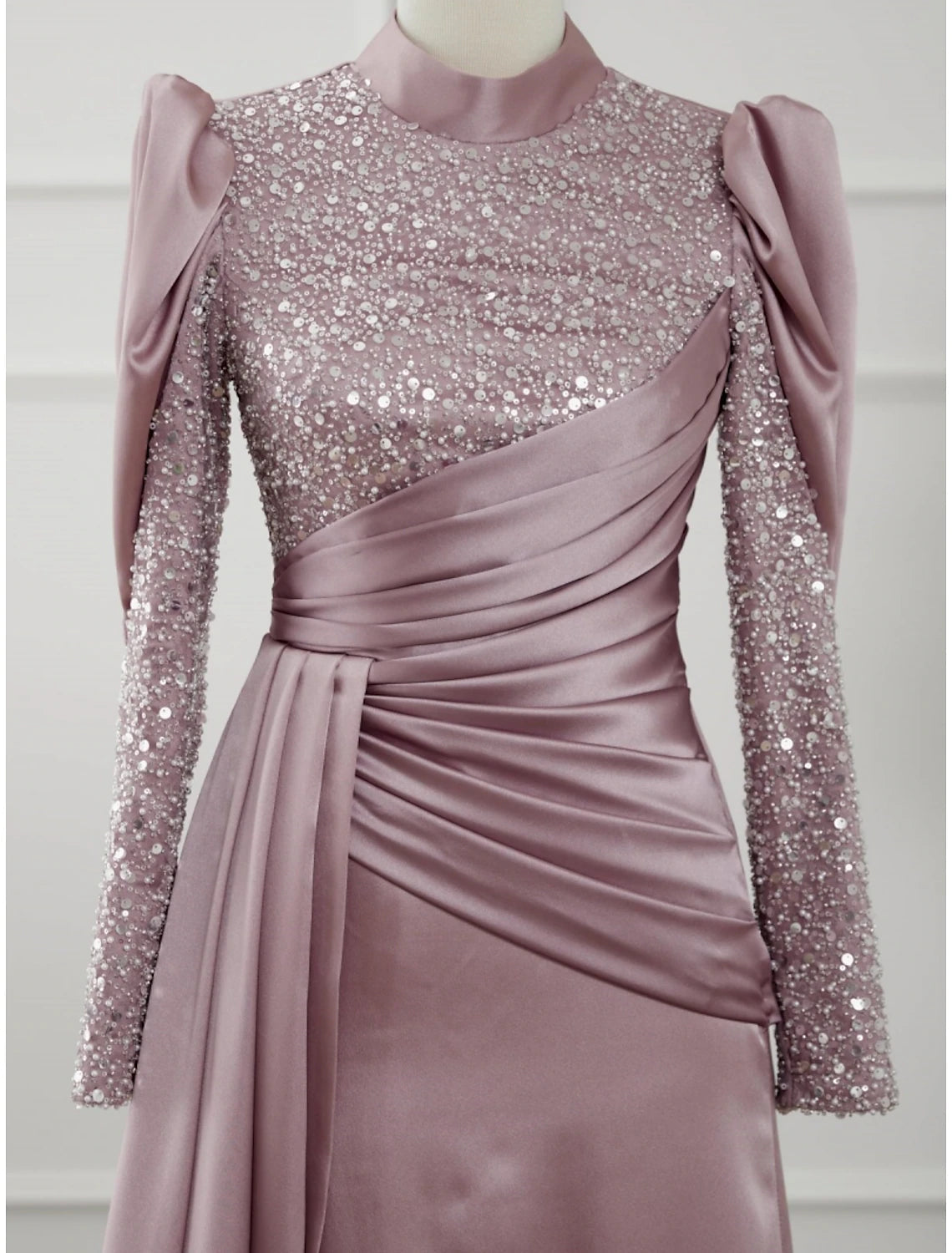 Luolandi A-Line Evening Gown Sparkle & Shine Dress Formal Sweep / Brush Train Long Sleeve Jewel Neck Satin with Glitter