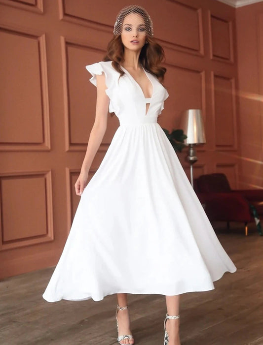 A-Line Princess Cute Wedding Guest Prom Dress V Neck Sleeveless Tea Length Stretch Fabric with Ruffles