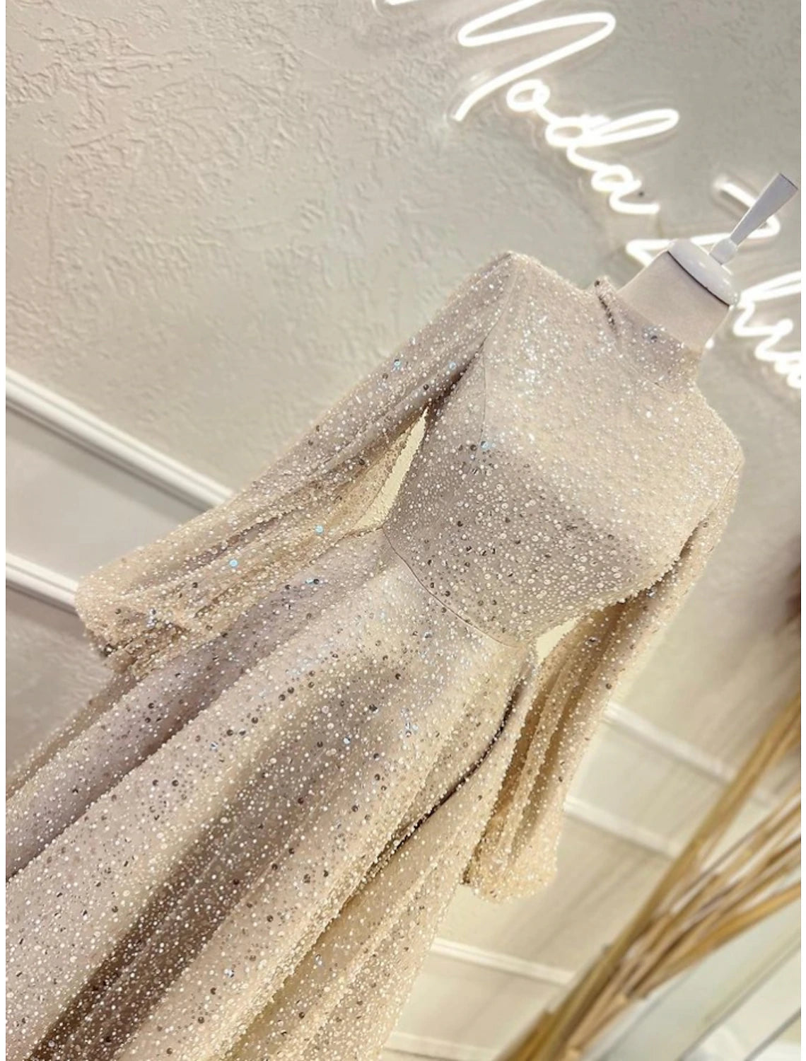Luolandi A-Line Evening Gown Elegant Dress Formal Ankle Length Long Sleeve High Neck Sequined with Glitter
