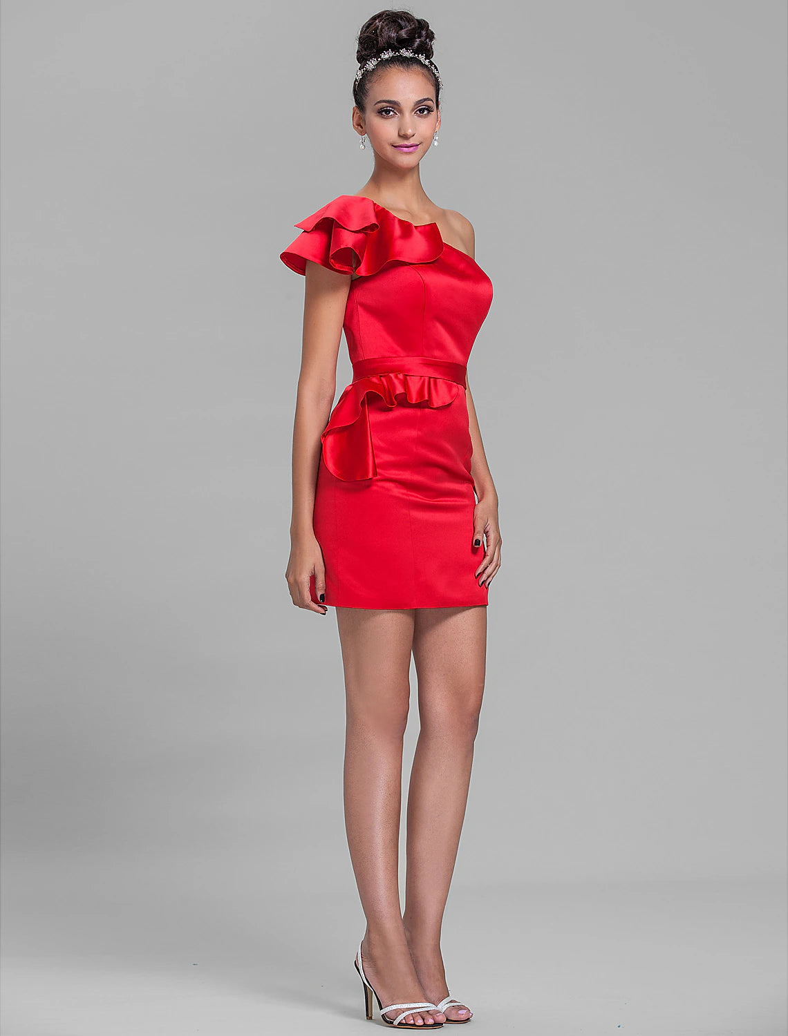 Luolandi Sheath / Column One Shoulder Short / Mini Satin Bridesmaid Dress with Sash / Ribbon