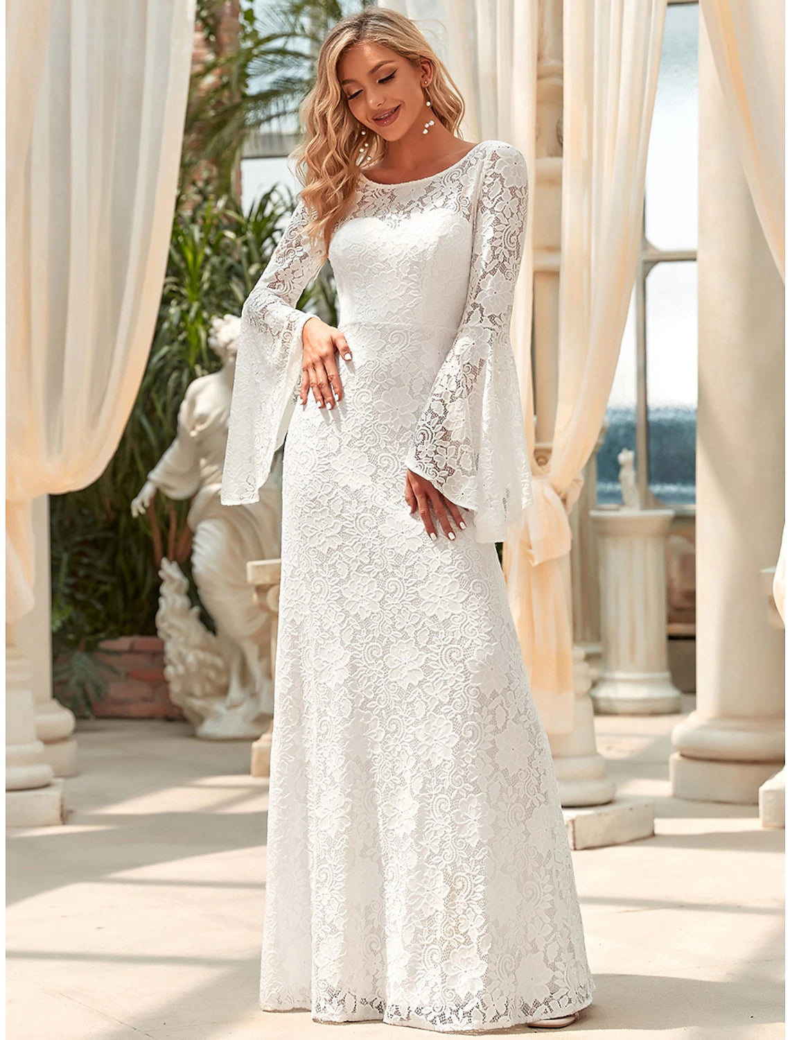 Luolandi Hall Wedding Dresses Mermaid / Trumpet Jewel Neck Long Sleeve Floor Length Lace Bridal Gowns