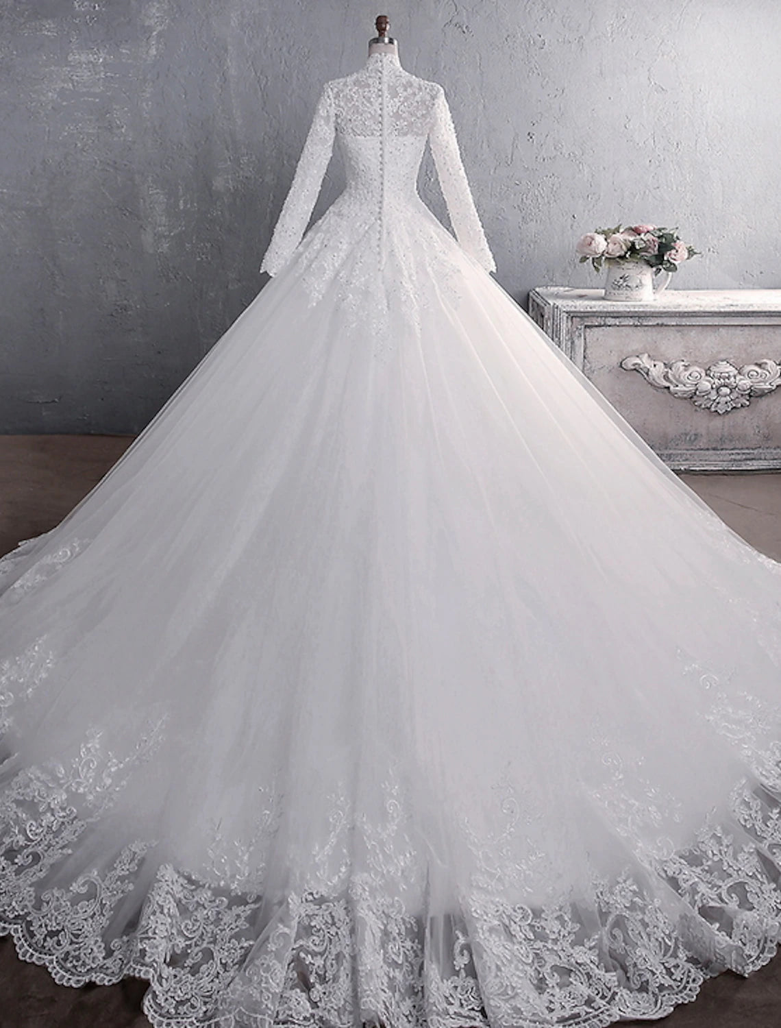 Luolandi Engagement Formal Wedding Dresses Ball Gown High Neck Long Sleeve Court Train Lace Bridal Gowns