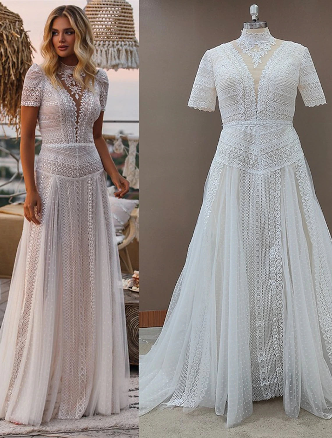 Luolandi Beach Boho Wedding Dresses A-Line Illusion Neck Short Sleeve Court Train Lace Bridal Gowns