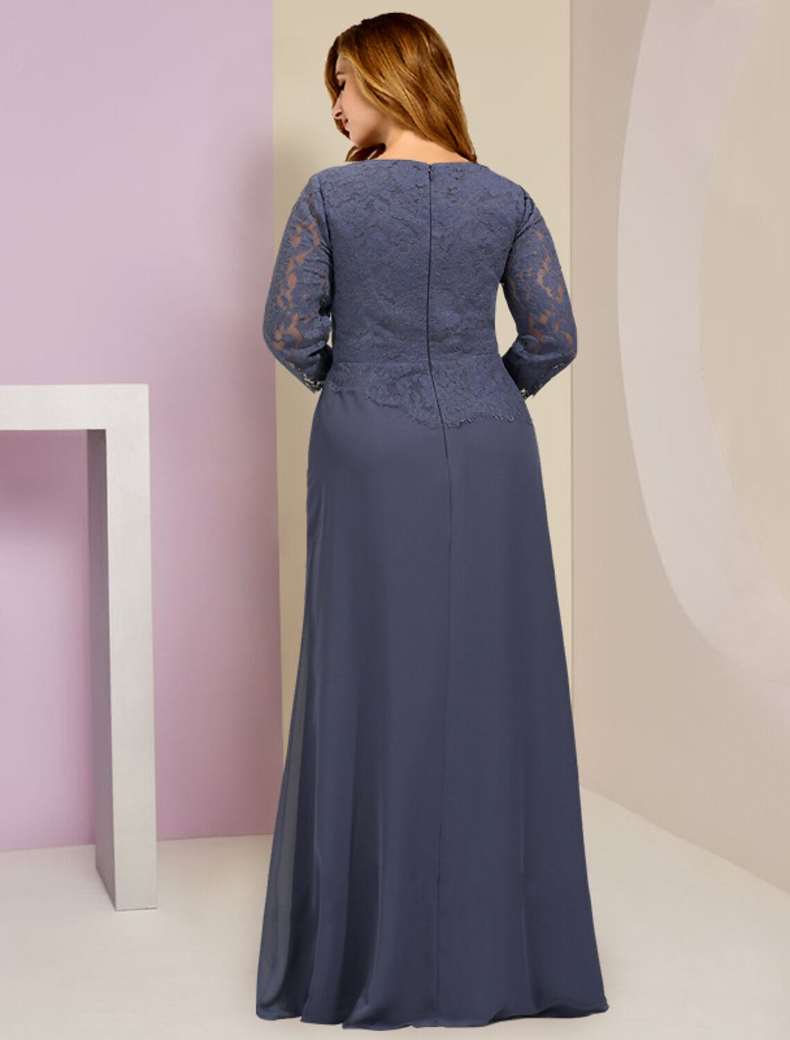 Luolandi Mother of the Bride Dresses Plus Size Curve Hide Belly Wedding Guest Party Elegant Scoop Neck Floor Length Chiffon Lace 3/4 Length Sleeve with Ruffles