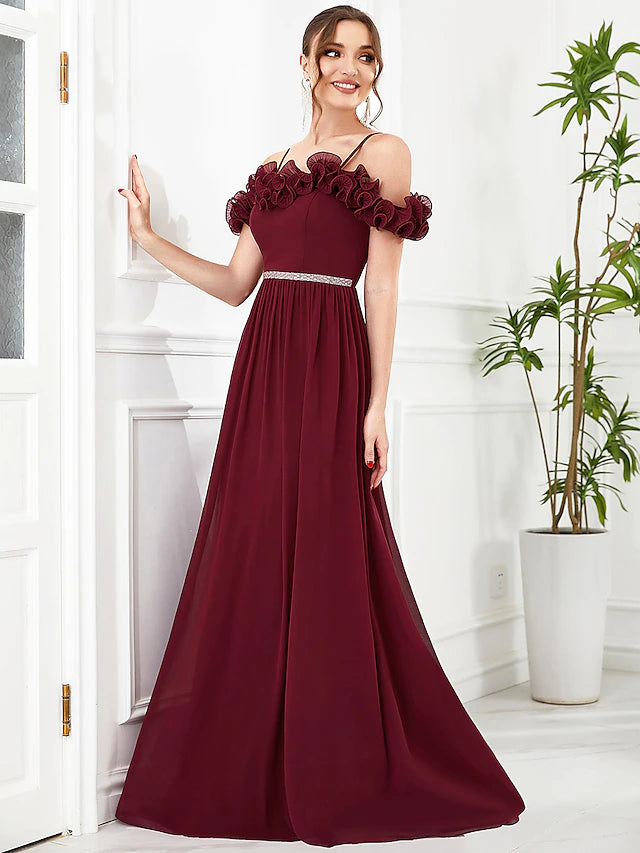 Luolandi A-Line Prom Dresses Vintage Dress Wedding Guest Floor Length Sleeveless Off Shoulder Chiffon with Appliques Flower