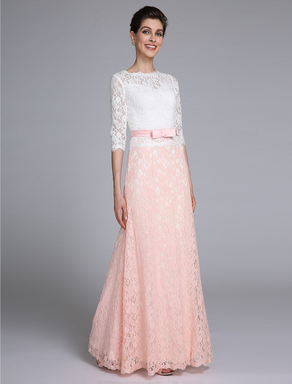 Luolandi Mermaid / Trumpet Mother of the Bride Dress Color Block Jewel Neck Floor Length Lace Half Sleeve No with Sash