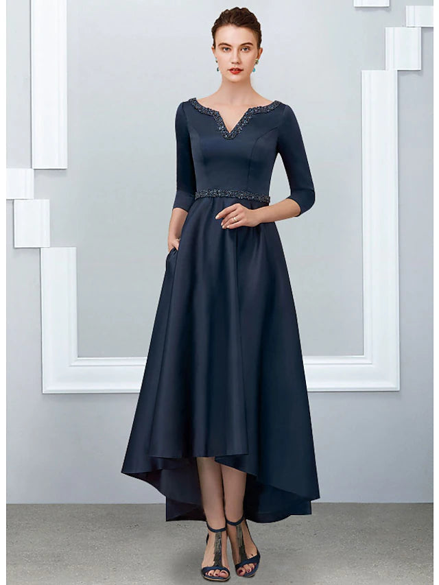 Luolandi A-Line Mother of the Bride Dress Elegant High Low V Neck Asymmetrical Ankle Length Satin Half Sleeve