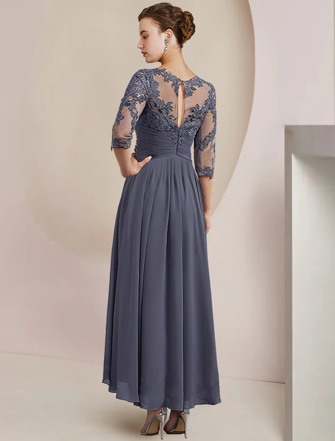 Luolandi Two Piece A-Line Mother of the Bride Dress Formal Wedding Guest Elegant Scoop Neck Tea Length Chiffon Lace 3/4 Length Sleeve Wrap Included with Appliques